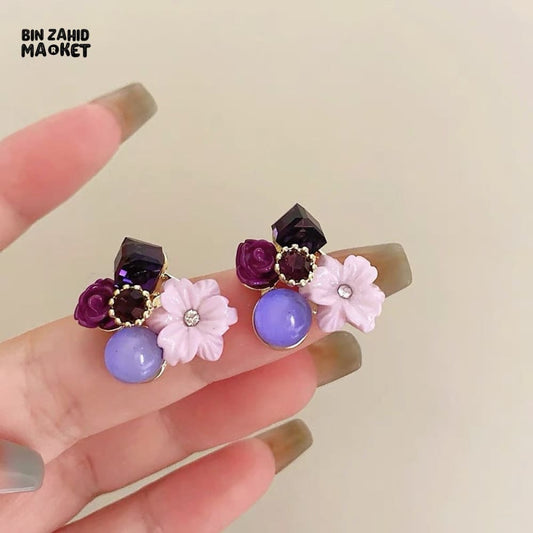 CRYSTAL FLOWER STUD EARRINGS KOREAN STYLE  ELEGANT WOMEN'S JEWELRY