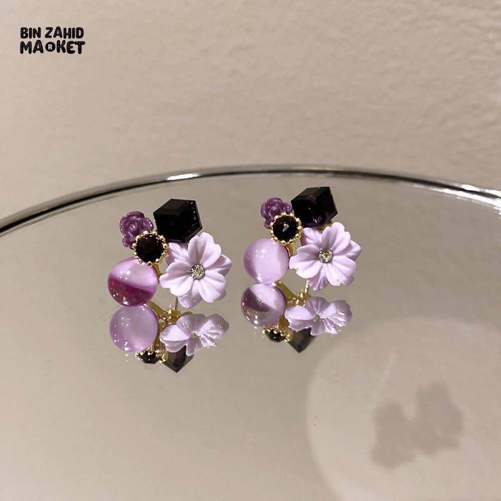 CRYSTAL FLOWER STUD EARRINGS KOREAN STYLE  ELEGANT WOMEN'S JEWELRY