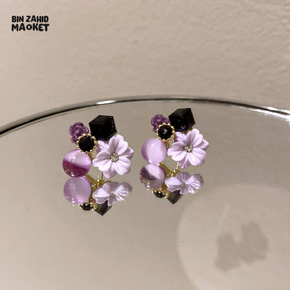 CRYSTAL FLOWER STUD EARRINGS KOREAN STYLE  ELEGANT WOMEN'S JEWELRY